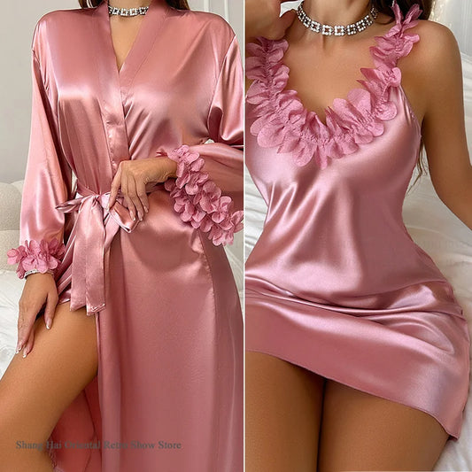 The Silk Siren Set – 2pc Satin Lace Robe & Slip